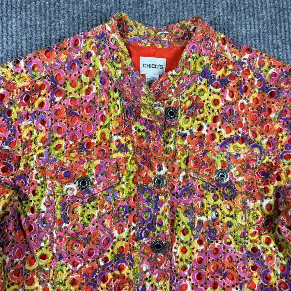 Chico's Jacket Womens‎ Size 1 Embroidered Eyelet Multicolor Floral Button Front